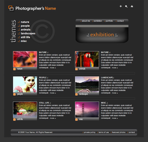 Photograhy template design.  Web page template design for photographers, artists, online studio, and more!